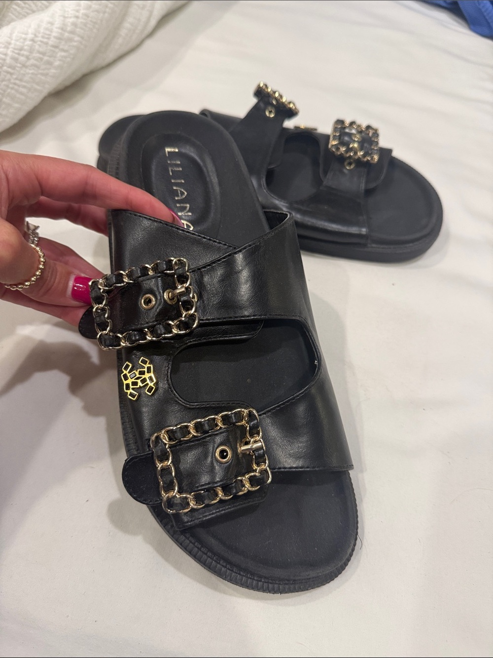 Liliana Black Slide Sandals with Gold Chain Buckles